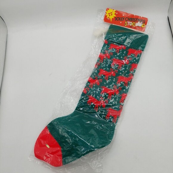 Christmas Stocking 22" Knitted Artmark 1987 Reindeer Green Red Pom Poms Read - Picture 2 of 5